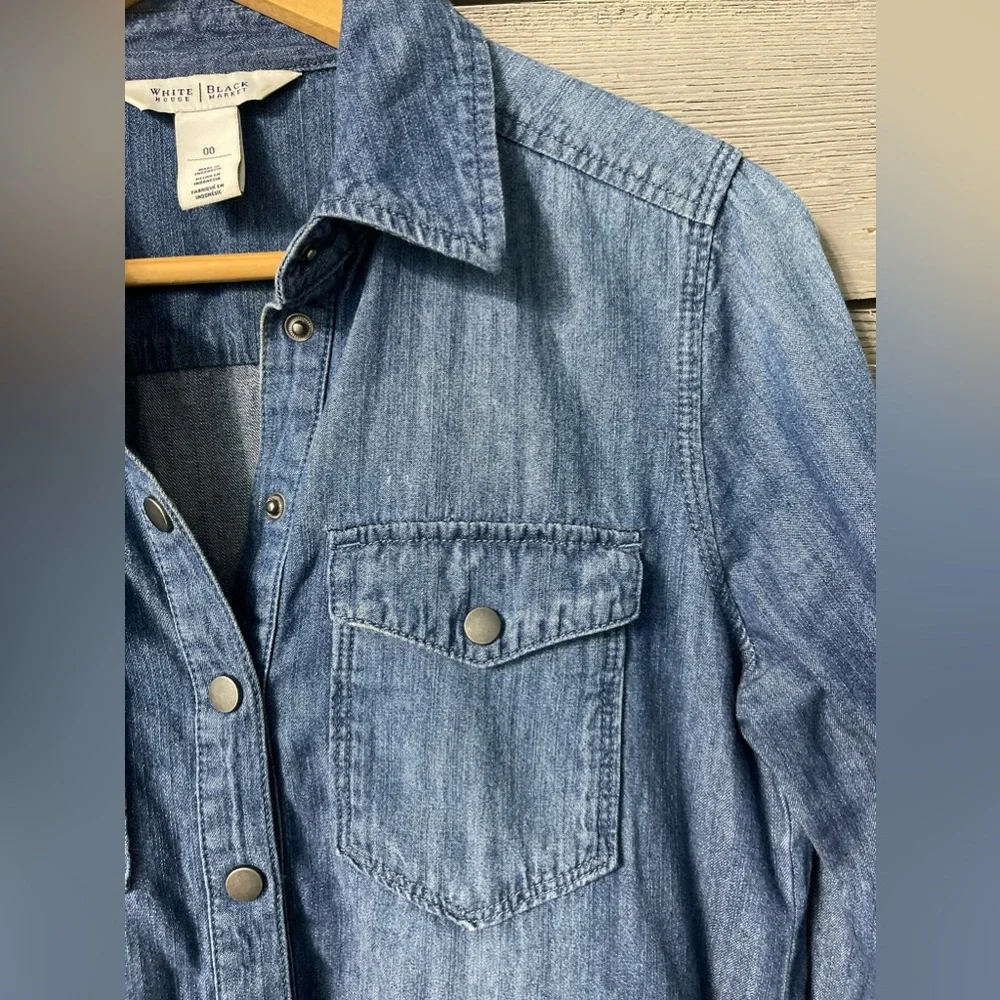 White House Black Market Long Sleeve Denim Button Up Jean Dress Sz 00 - Picture 2 of 15